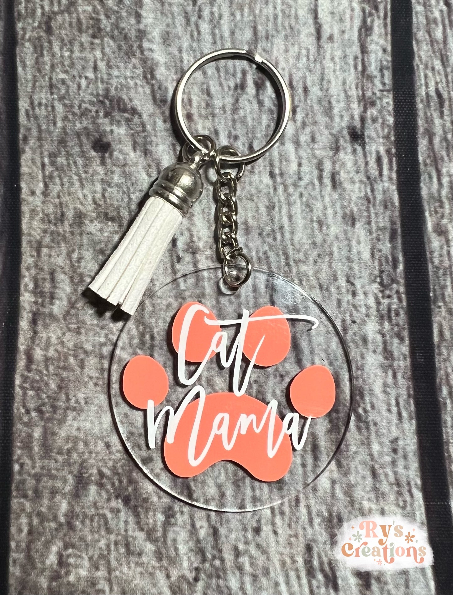 Coral & White Cat Mama Keychain