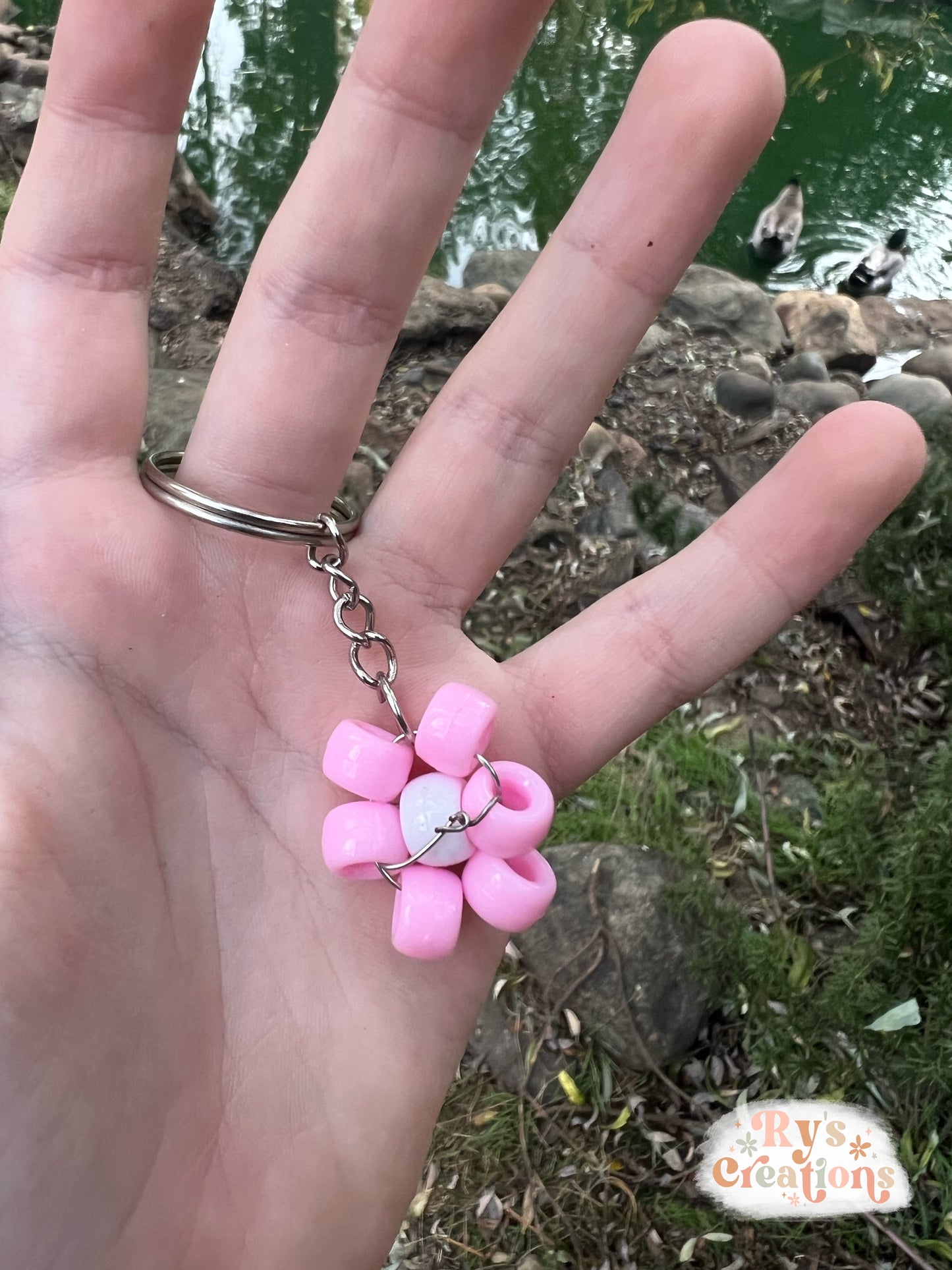 Pink Flower Silver Keychain