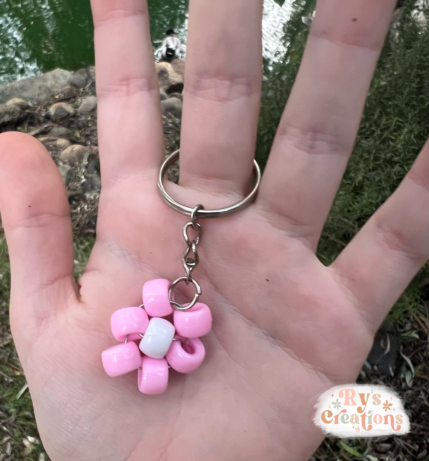 Pink Flower Silver Keychain